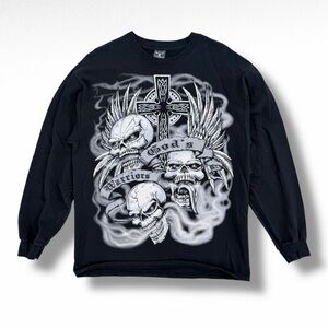 Vintage Y2K “God’s Warriors” Skulls Cross Long Sleeve T-Shirt Black Large Grunge